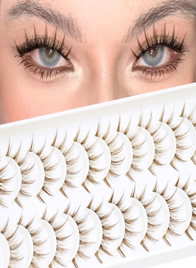 AUGENLI 10 Pairs Brown False Lashes Extension Tools Clear band Wispy Japanese Anime Cosplay Natural Makeup Looking Party Eye Lashes - Image 1