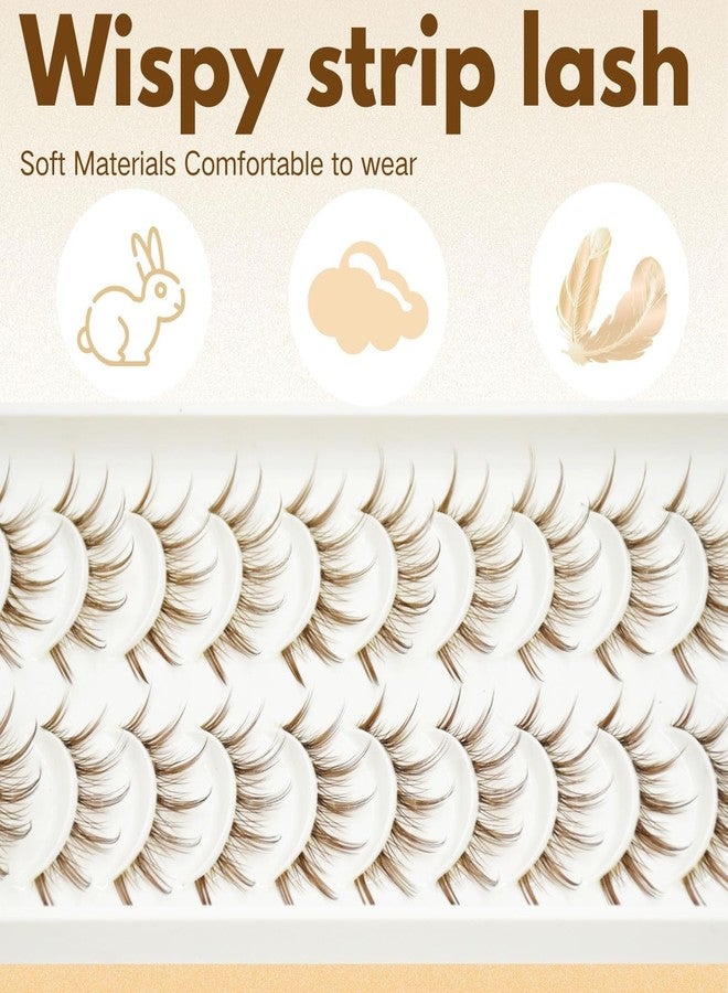 AUGENLI 10 Pairs Brown False Lashes Extension Tools Clear band Wispy Japanese Anime Cosplay Natural Makeup Looking Party Eye Lashes - Image 4