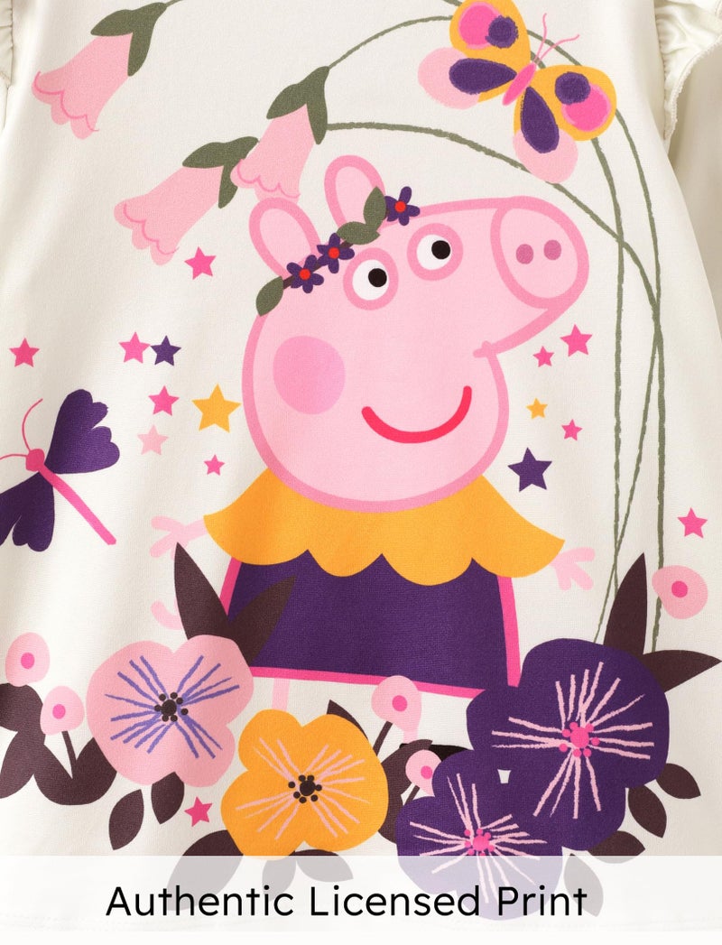 Peppa Pig بيبا بيج مجموعات بنطلونات للفتيات مع قمة ذات أكمام طويلة مع تفاصيل رافل وتيشيرت وتيجينز لمجموعة ملابس للفتيات الصغيرات لخريف ملابس صفراء مقاس 3T - Image 4