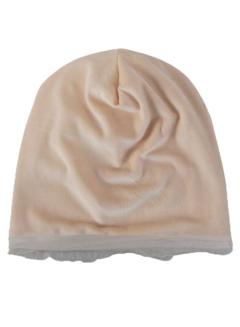 Loquat Infinity Scarf Headwear Cap Multi Layered Pleated Beanie Hat Thickened Plush Beige  - Image 2
