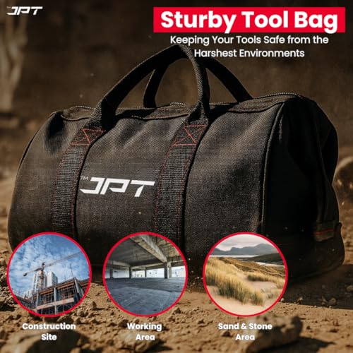 JPT 13-Inch Heavy Duty Tool Bag, Wide Mouth Tool Storage Bag, Large Capacity Tool Tote Bag for Electricians, Power Tools Organizer - Image 2