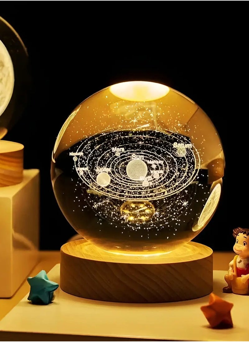 Generic - 3D crystal ball with yellow night light, small battery operated lamp, wooden base, solar array, space - Image 1