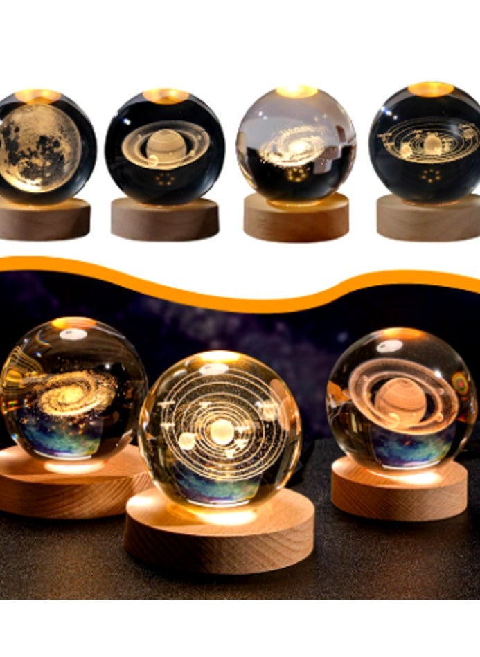 Generic - 3D crystal ball with yellow night light, small battery operated lamp, wooden base, solar array, space - Image 1