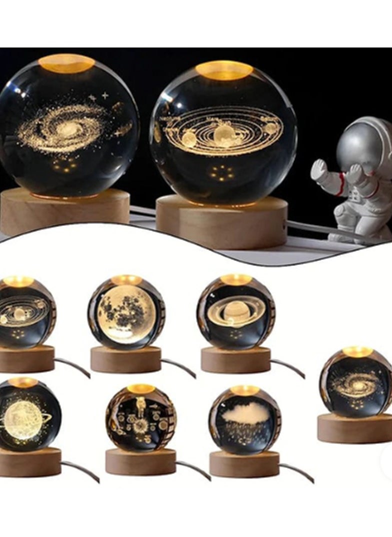 Generic - 3D crystal ball with yellow night light, small battery operated lamp, wooden base, solar array, space - Image 1