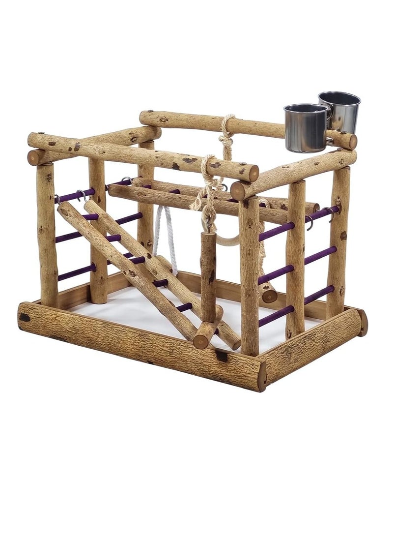 NNC PETS Wooden bird perch with Stainless steel food cups, Standing perches, Climbing ladders, and Swinging bird toys, Natural wooden bird stand, Suitable for small-sized birds 36 cm (Beige)  - Image 1