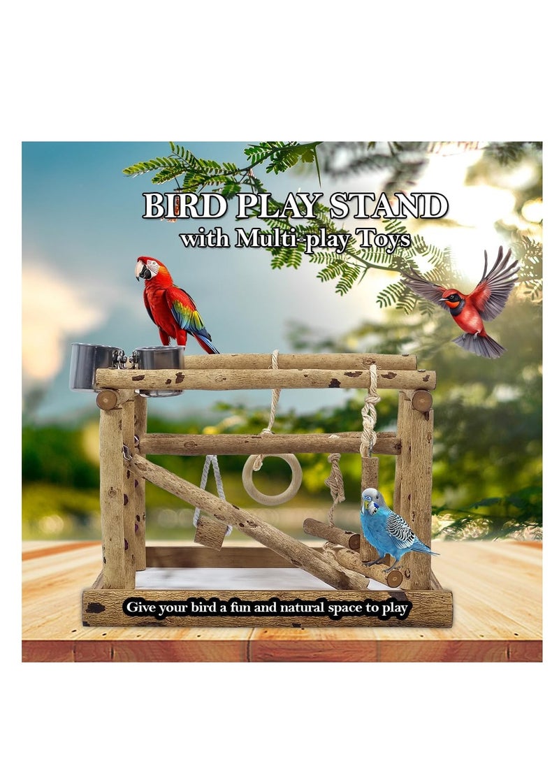 NNC PETS Wooden bird perch with Stainless steel food cups, Standing perches, Climbing ladders, and Swinging bird toys, Natural wooden bird stand, Suitable for small-sized birds 36 cm (Beige)  - Image 5