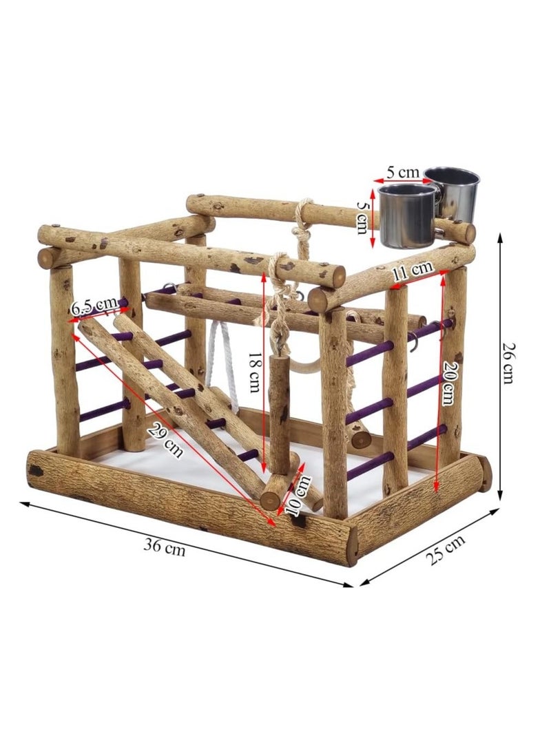 أن ان سي بيتس مجثم خشبي للطيور مع أكواب طعام من الفولاذ المقاوم للصدأ، مجاثم واقفة، سلالم تسلق، وألعاب طيور متأرجحة، حامل طيور خشبي طبيعي، مناسب للطيور صغيرة الحجم 36 سم (بيج) - Image 3
