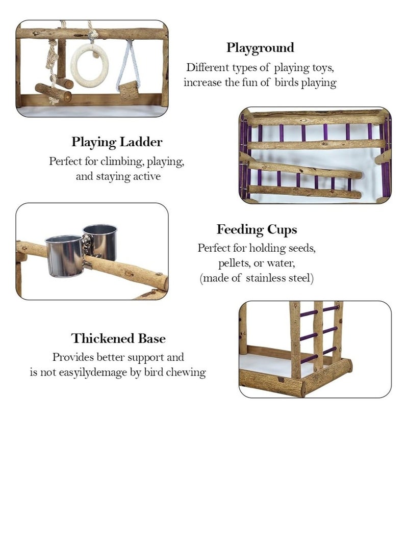أن ان سي بيتس مجثم خشبي للطيور مع أكواب طعام من الفولاذ المقاوم للصدأ، مجاثم واقفة، سلالم تسلق، وألعاب طيور متأرجحة، حامل طيور خشبي طبيعي، مناسب للطيور صغيرة الحجم 36 سم (بيج) - Image 4