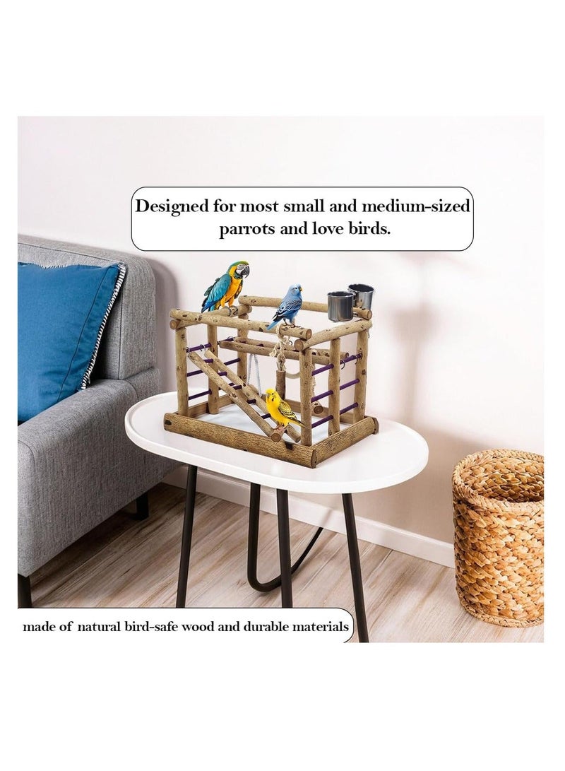 أن ان سي بيتس مجثم خشبي للطيور مع أكواب طعام من الفولاذ المقاوم للصدأ، مجاثم واقفة، سلالم تسلق، وألعاب طيور متأرجحة، حامل طيور خشبي طبيعي، مناسب للطيور صغيرة الحجم 36 سم (بيج) - Image 1