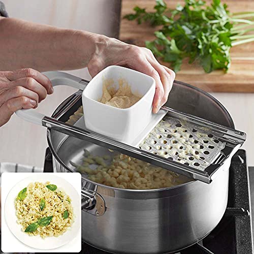 TIYOORTA Stainless Steel Spaetzle Maker Noodle Dumpling Maker with Safety Pusher, Includes Silicone Spatula - Image 3