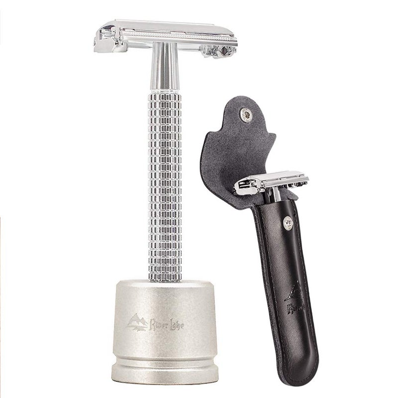 Safety Razorshavershaving toolButterfly mens razor Kit Chrome Long Handle Butterfly Open Double Edge Safety Razor Mens Shaver 1 Razor 1 H3 Razor Stand and 1pc Genuine Leather Case