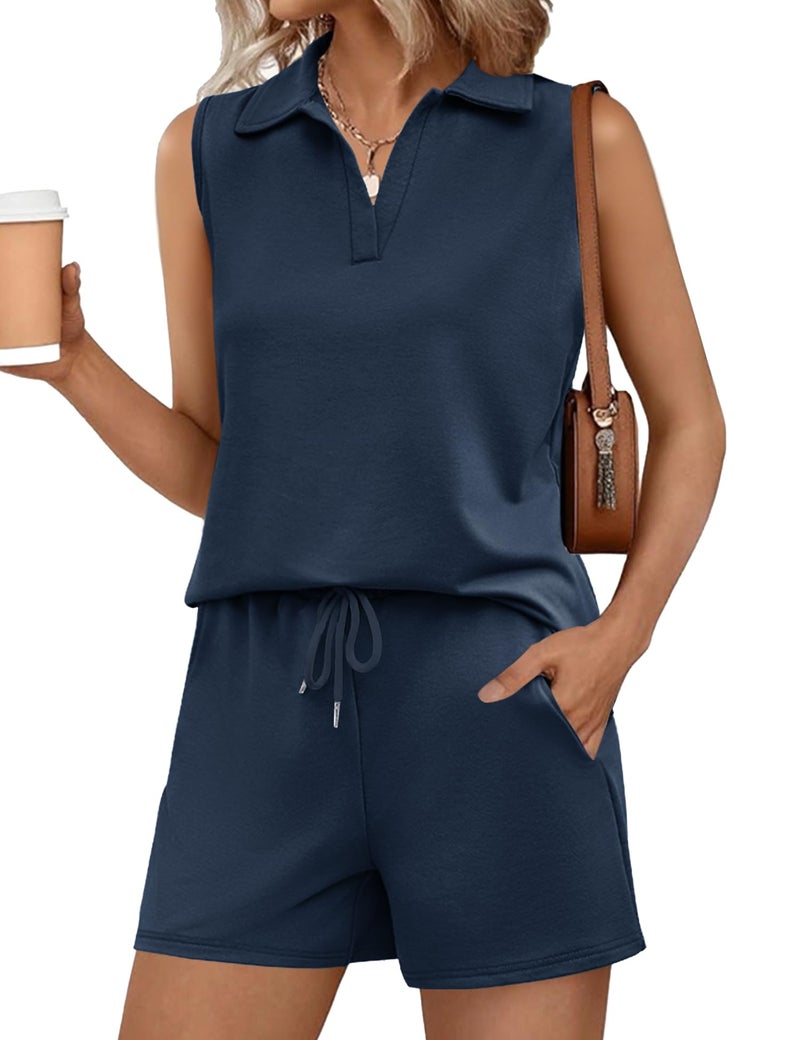 Rapbin Lounge Sets for Women Summer 2 Piece Outfits Casual Vacation Travel Matching Fashion Clothing (Navy Blue, L) - Image 1