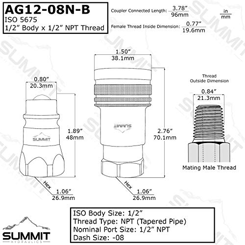 Summit Hydraulics 1/2" Ag ISO 5675 Hydraulic Quick Connect Tractor Couplers, Ball Pioneer Style w/Dust Caps, 2 Sets - Image 3