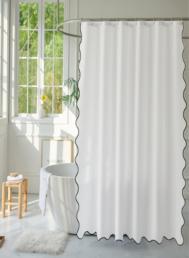 youngseahome White Fabric with Black Scalloped Border Shower Curtain,Boho Chic Cloth Shower Curtain for Bathroom Showers,72 x 72 Inches - Image 3