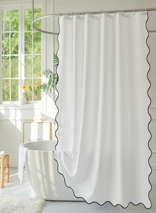 youngseahome White Fabric with Black Scalloped Border Shower Curtain,Boho Chic Cloth Shower Curtain for Bathroom Showers,72 x 72 Inches - Image 1