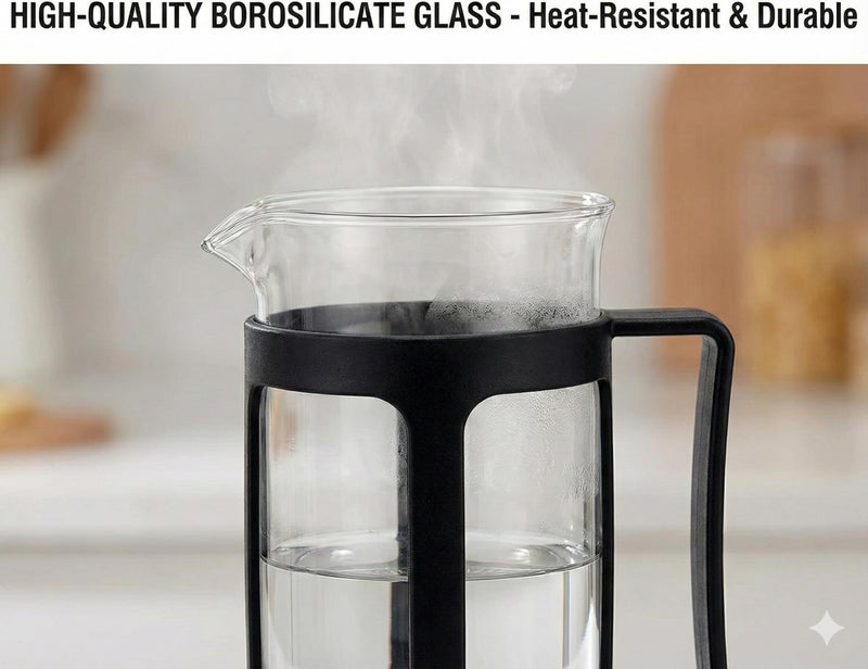 DOPPIO French Press Coffee Maker 600ml – Premium Borosilicate Glass with Stainless Steel Plunger | Manual Coffee & Tea Press | Heat Resistant, Easy to Clean – Black - Image 2