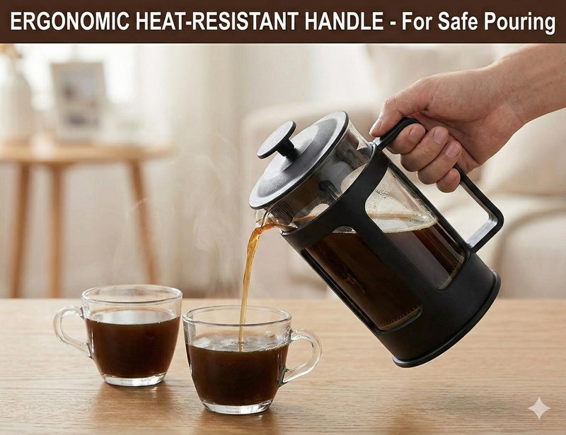 DOPPIO French Press Coffee Maker 600ml – Premium Borosilicate Glass with Stainless Steel Plunger | Manual Coffee & Tea Press | Heat Resistant, Easy to Clean – Black - Image 4