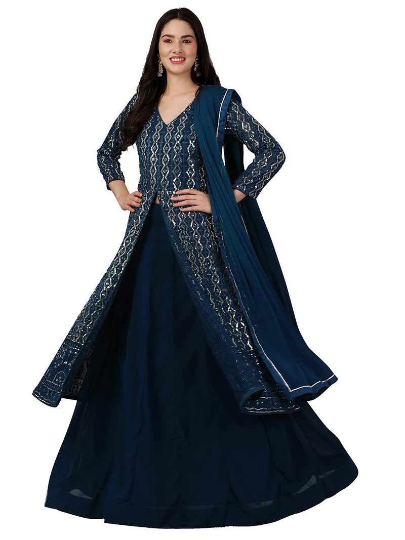 TRENDMALLS Women's Georgette Embroidery Salwar Suit Set Kurta Lehenga with Dupatta (G114-Morpeach-L) - Image 1