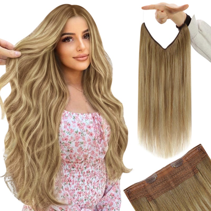 YoungSee Invisible Wire Hair Extensions Balayage Wire Human Hair Extensions Medium Brown Fading to Brown Mix Platinum Couture Wire Hair Extension Real Human Hair Straight Hair Extensions 80G 14In