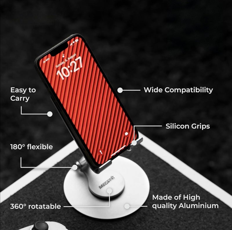 MegaStro ® Aluminum 360 Rotatable Phone/Tablet Stand (Under 10inch) - MVPmini | Adjustable, Sturdy, and Versatile | Universal Compatibility | Hands-Free Viewing (Metallic Silver) - Image 4