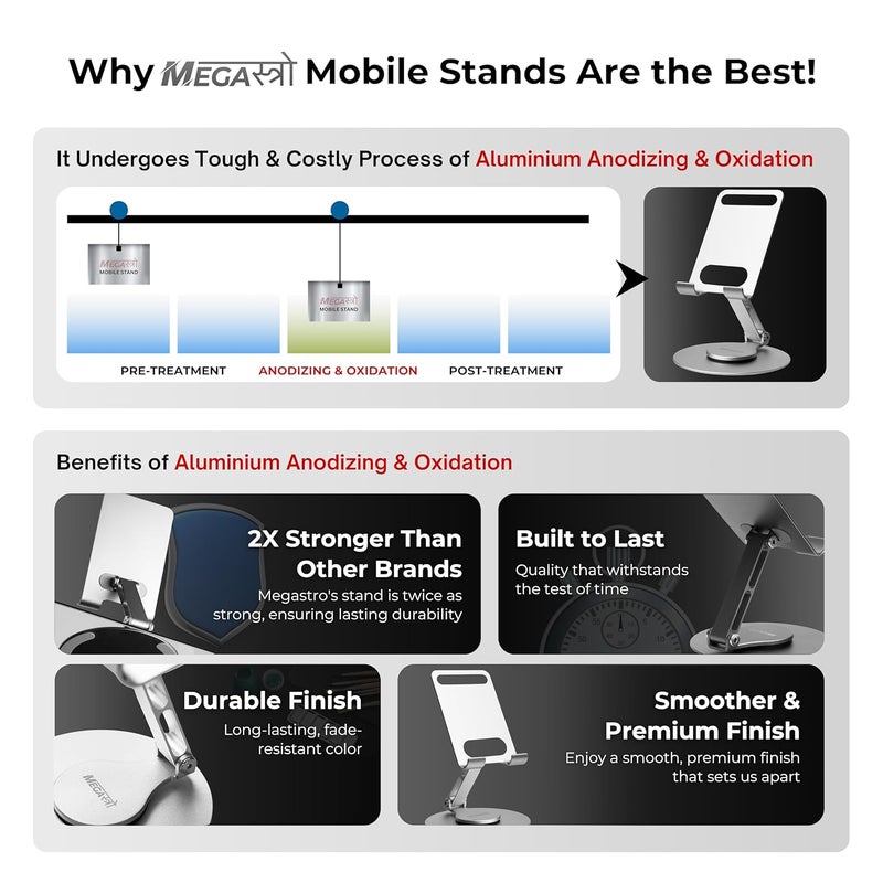 MegaStro ® Aluminum 360 Rotatable Phone/Tablet Stand (Under 10inch) - MVPmini | Adjustable, Sturdy, and Versatile | Universal Compatibility | Hands-Free Viewing (Metallic Silver) - Image 5