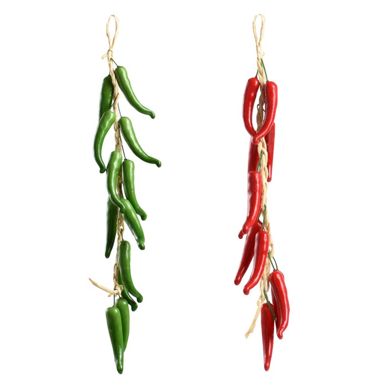 VIOCIWUO Artificial Hanging Pepper String 2 Sets Simulation Lifelike Hot Chili Vegetable Fruit Garland Vine for Home Kitchen Farm Party Wall Decoration RedGreen