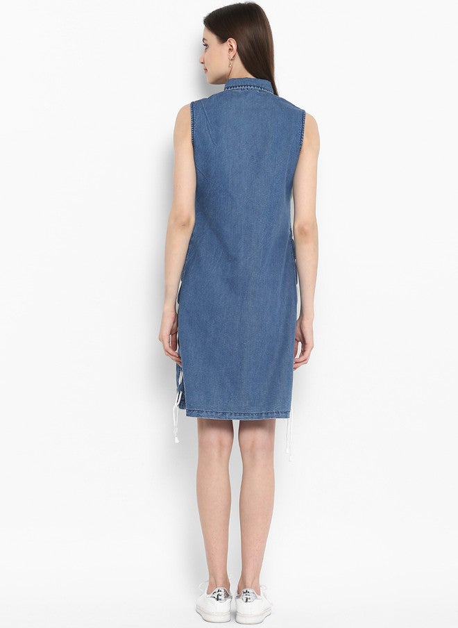 StyleStone فستان قميص دنيم أزرق سادة للنساء من ستايل ستون بتفاصيل ربط - Image 4