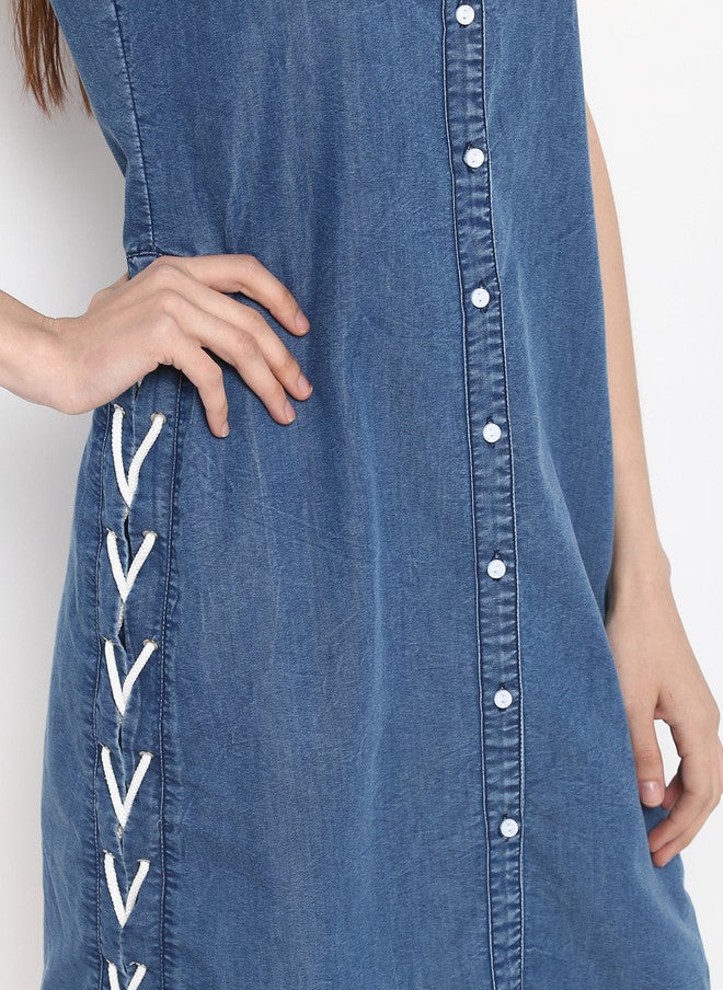 StyleStone فستان قميص دنيم أزرق سادة للنساء من ستايل ستون بتفاصيل ربط - Image 2