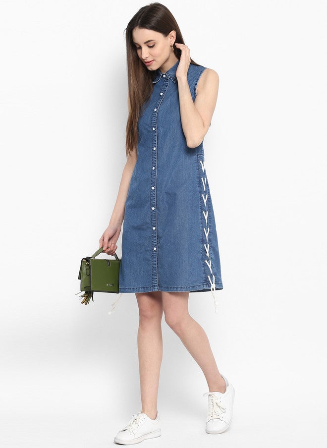 StyleStone فستان قميص دنيم أزرق سادة للنساء من ستايل ستون بتفاصيل ربط - Image 5