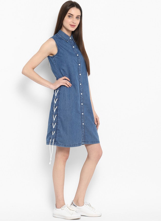 StyleStone فستان قميص دنيم أزرق سادة للنساء من ستايل ستون بتفاصيل ربط - Image 3