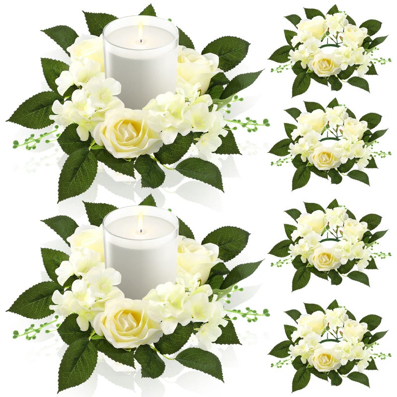 Jutom Jutom 6 Pcs Wedding Rose Candle Rings Artificial Floral Wreaths with Green Leaves White Flower Candle Rings Candleholders Garland for Wedding Pillar Centerpiece Party Table Decor 