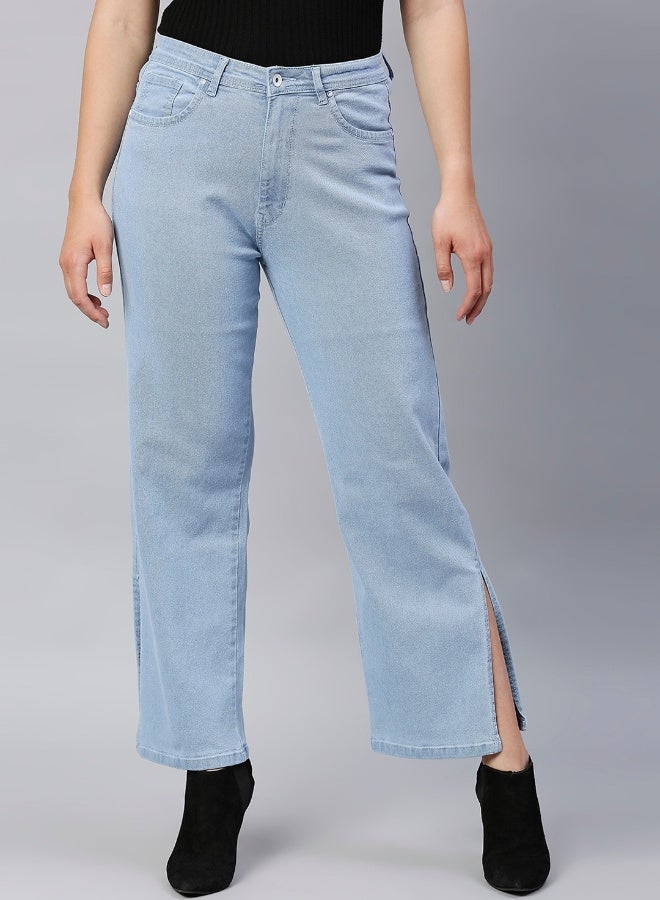 HIGH STAR Women Blue Straight Fit High-Rise Cropped Jeans with slits  - Image 1