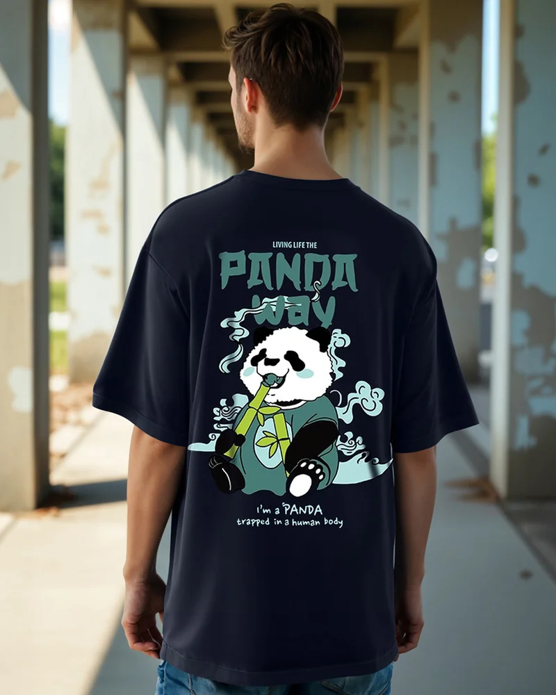 bewakoof Men's Blue The Panda Way Graphic Printed Oversized T-shirt