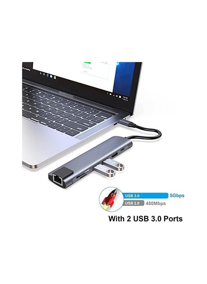 Generic - 7-in-1 USB-C Hub with HDMI adapter, 1 Gbps RJ45 Ethernet port, 100W Power Delivery, 2 USB 3.0 data ports, SD and TF card reader. Compatible with MacBook Pro, MacBook Air, and other devices, in multiple colors. - Image 1