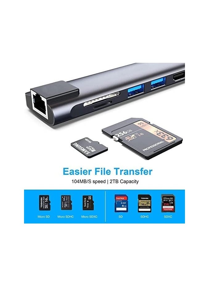 Generic - 7-in-1 USB-C Hub with HDMI adapter, 1 Gbps RJ45 Ethernet port, 100W Power Delivery, 2 USB 3.0 data ports, SD and TF card reader. Compatible with MacBook Pro, MacBook Air, and other devices, in multiple colors. - Image 1