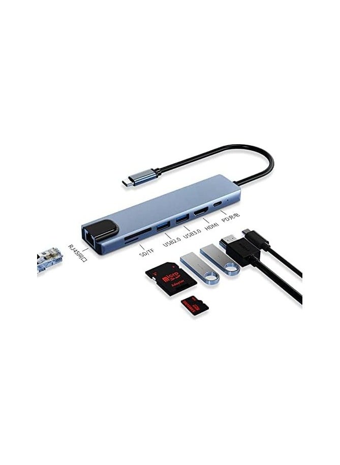 Generic - 7-in-1 USB-C Hub with HDMI adapter, 1 Gbps RJ45 Ethernet port, 100W Power Delivery, 2 USB 3.0 data ports, SD and TF card reader. Compatible with MacBook Pro, MacBook Air, and other devices, in multiple colors. - Image 1