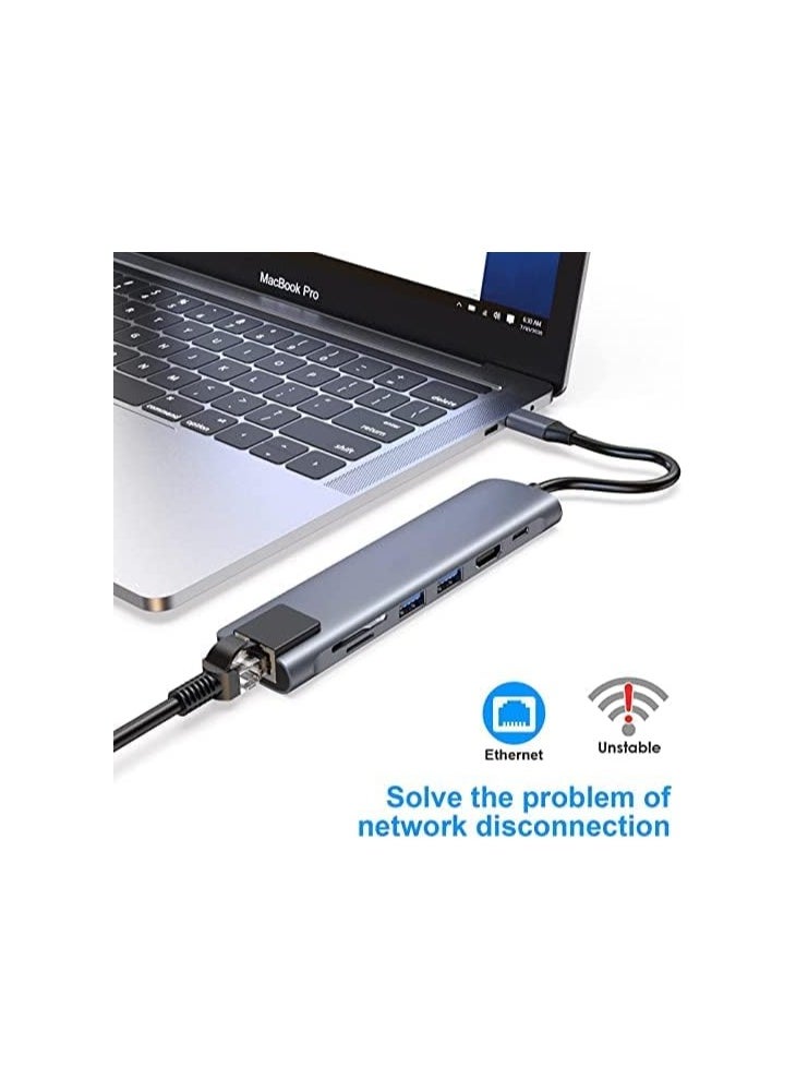 Generic - 7-in-1 USB-C Hub with HDMI adapter, 1 Gbps RJ45 Ethernet port, 100W Power Delivery, 2 USB 3.0 data ports, SD and TF card reader. Compatible with MacBook Pro, MacBook Air, and other devices, in multiple colors. - Image 1
