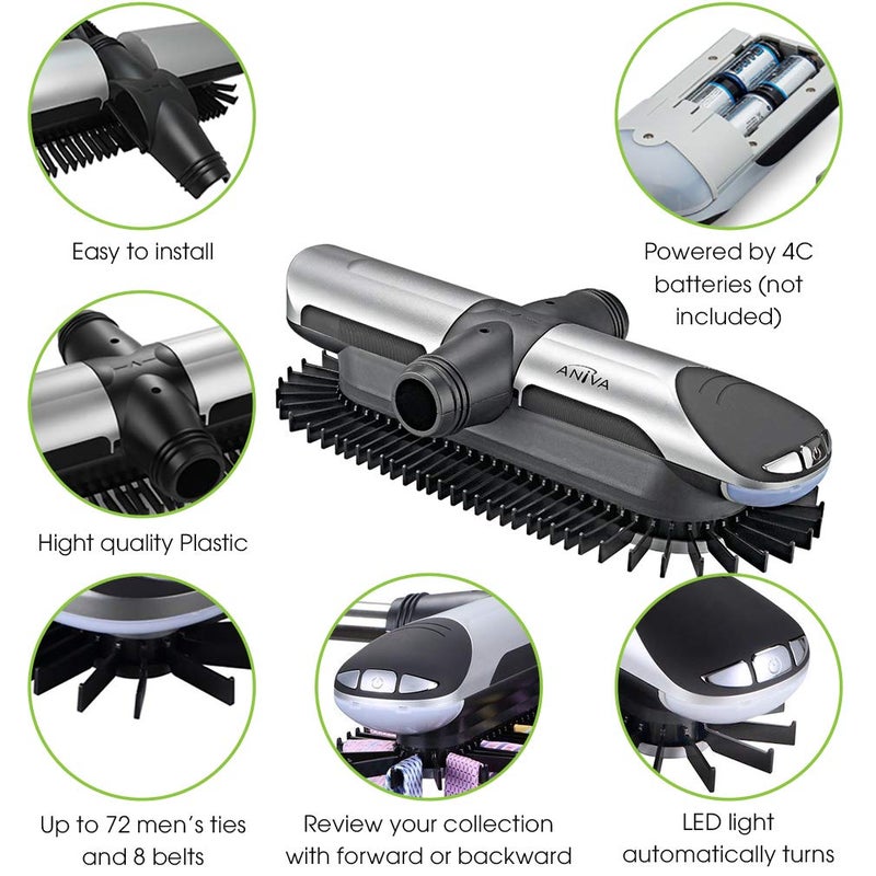 Aniva Motorized Tie Rack Closet Organizer with LED Lights Includes J Hooks for Wired Shelving Stores Up to 72 Ties & 8 Belts, Operates with Batteries - Image 3