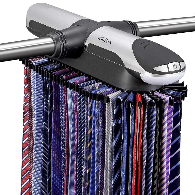 Aniva Motorized Tie Rack Closet Organizer with LED Lights Includes J Hooks for Wired Shelving Stores Up to 72 Ties & 8 Belts, Operates with Batteries - Image 1