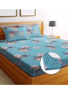 VKOM VKOM 240TC Glace Cotton 78x72x8 Inch Elastic Fitted Bedsheet Double Bed Size Printed Fitted Sheet Elasticated Fitted Bedspread with 2 Pillow Covers Blue  - Image 1