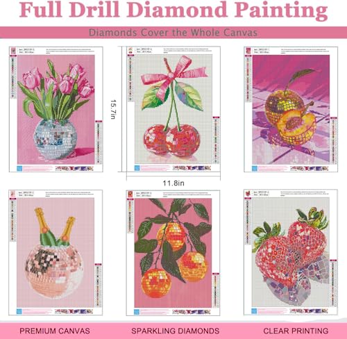 AIBOERL 6 Pack Diamond Art Kits for Adults,Disco Ball Strawberries Diamond Painting Kits for Beginner Round 5D Full Drill Diamond Dots Crafts for Home Wall Decor Gifts 12x16Inch - Image 3