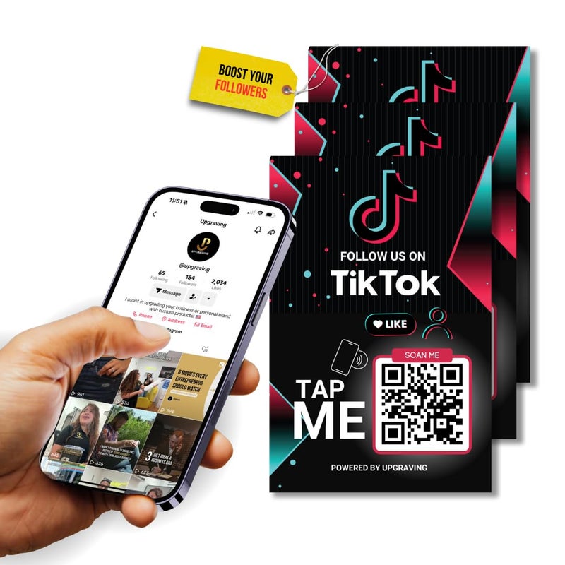 Upgraving Reusable Followers Tap Sticker for TikTok with QR & NFC Tap - Compatible with iPhone and Android - Follow us on TikTok- Powered by Upgraving (3 Stickers) - Image 2