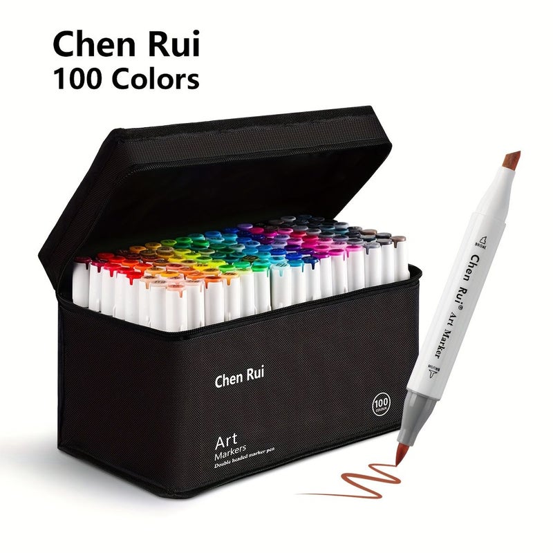 Chenrui 100 Colors Dual Tip Art Marker Set Sketch Markers Dot Markers And Oblique Tip Permanent Markers With Pen Holder And Fineliner Pen Drawing Toolkit For Adult Artists Anime Coloring Grey - Image 3