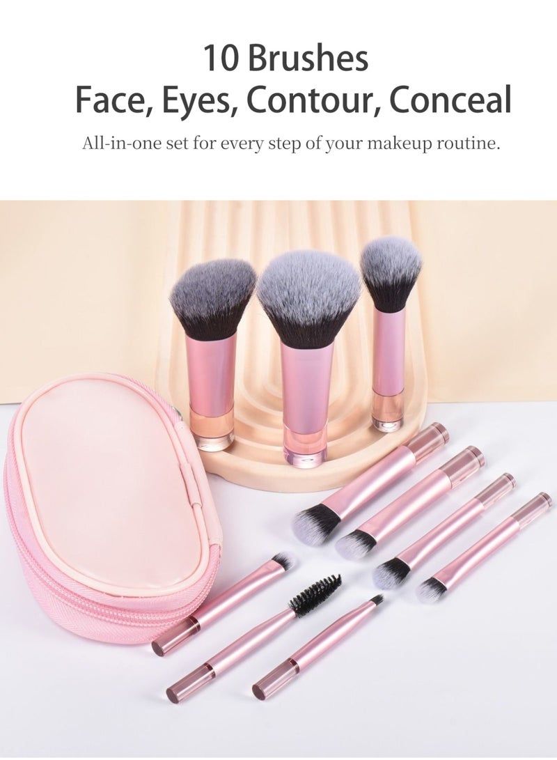 Zcheer Mini Makeup Brush Set 10PCS with PU Pouch, Portable Cosmetic Brushes for Foundation, Blush, Eyeshadow & Eyebrows, Vegan Friendly, Soft Synthetic Bristles, Waterproof Resin Handles, Travel-Friendly, Includes Free Sponge & Powder Puff - Image 2