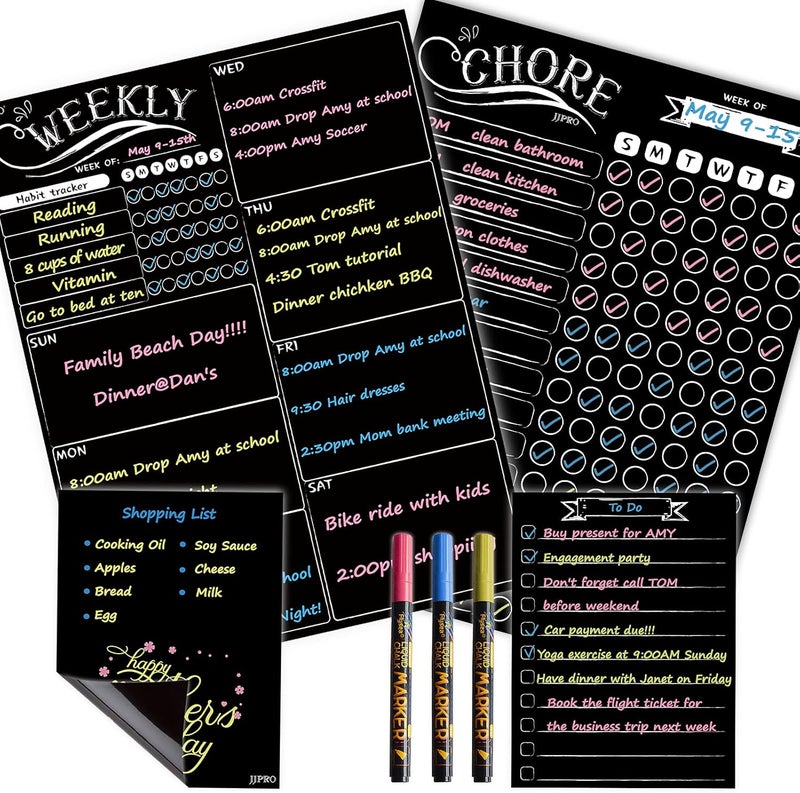JJPRO Magnetic Chalkboard Weekly Planner - Reward Chore Chart Blackboard Combo Set with Neon Bright Liquid Chalk Markers - Bonus Grocery List and Notepad Blackboard for Refrigerator Included - Image 1