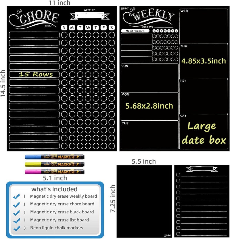 JJPRO Magnetic Chalkboard Weekly Planner - Reward Chore Chart Blackboard Combo Set with Neon Bright Liquid Chalk Markers - Bonus Grocery List and Notepad Blackboard for Refrigerator Included - Image 2