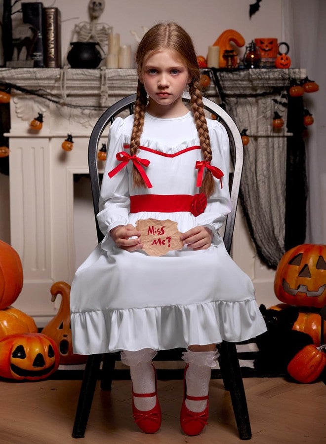 BesserBay Girls Halloween White Long Sleeve Ananbell Costume Dress with Red Hair Bows Horror Soft Party 5-6 Years - Image 5