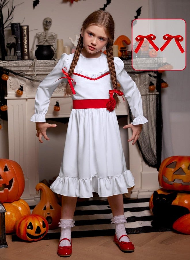 BesserBay Girls Halloween White Long Sleeve Ananbell Costume Dress with Red Hair Bows Horror Soft Party 5-6 Years - Image 2