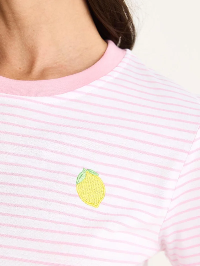 Bianco Lucci Bright Pink LUCCI Striped Embroidered Cotton T-Shirt for Women | Best Price UAE