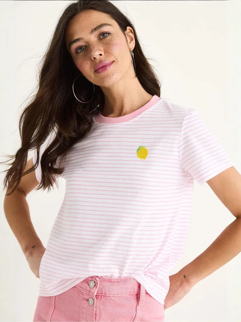 Bianco Lucci Bright Pink LUCCI Striped Embroidered Cotton T-Shirt for Women | Best Price UAE